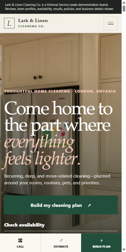 Lark & Linen Cleaning Co. mobile website concept